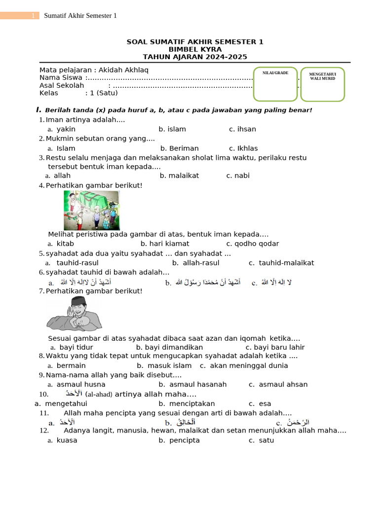 15 Contoh Soal Akidah Akhlak Kelas 1 Semester 1 yang Sering Muncul Saat Ujian Terbaru