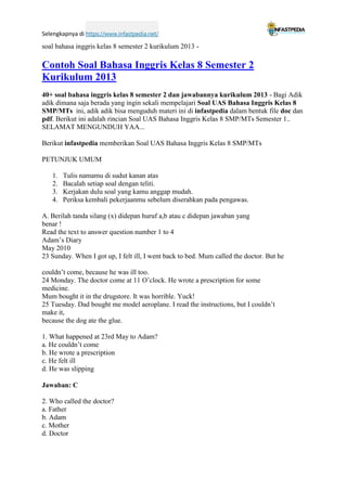 Soal bahasa inggris kelas 8 semester 2 kurikulum 2013 PDF