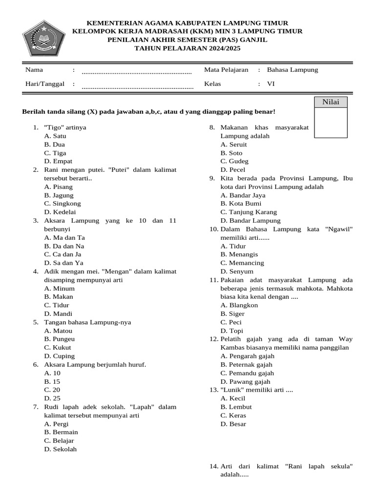 Soal Bahasa Lampung Kelas 6 PAS 2024 2025 PDF