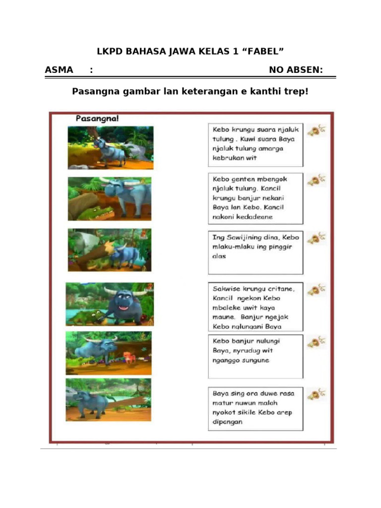 LKPD Bahasa Jawa Kelas 1 - Fabel PDF LKPD Bahasa Jawa Kelas 1 - Fabel PDF