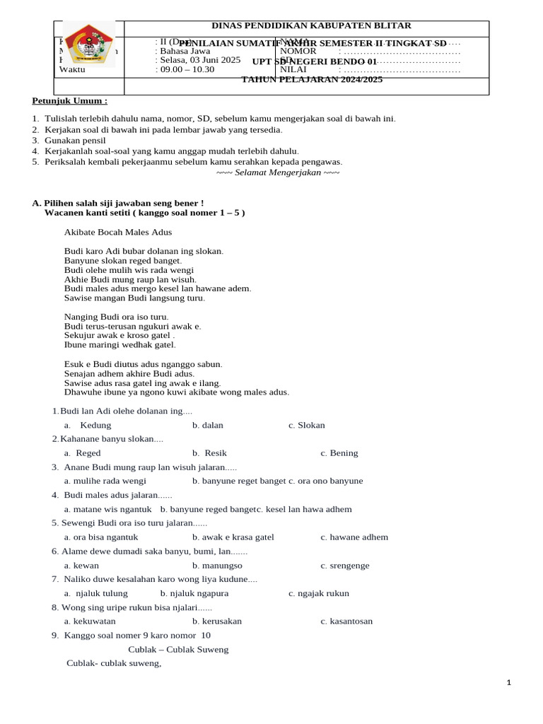 Soal Bahasa Jawa Kelas 2 Semester 2 Tahun 2025 PDF