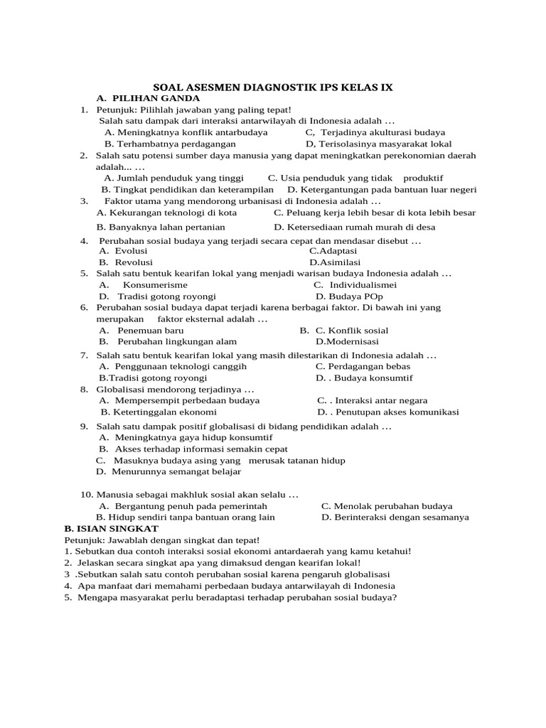 Soal Diagnostik IPS Kelas 9 Semester 1 PDF