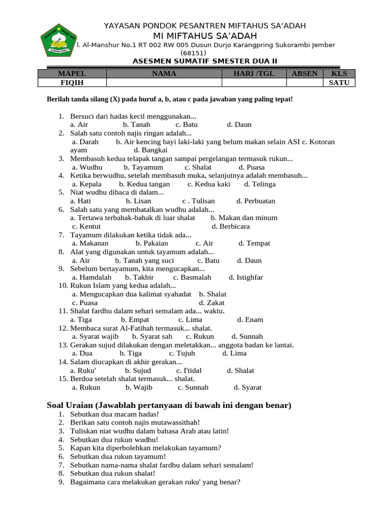 contoh soal fiqih kelas 1 contoh soal fiqih kelas 1