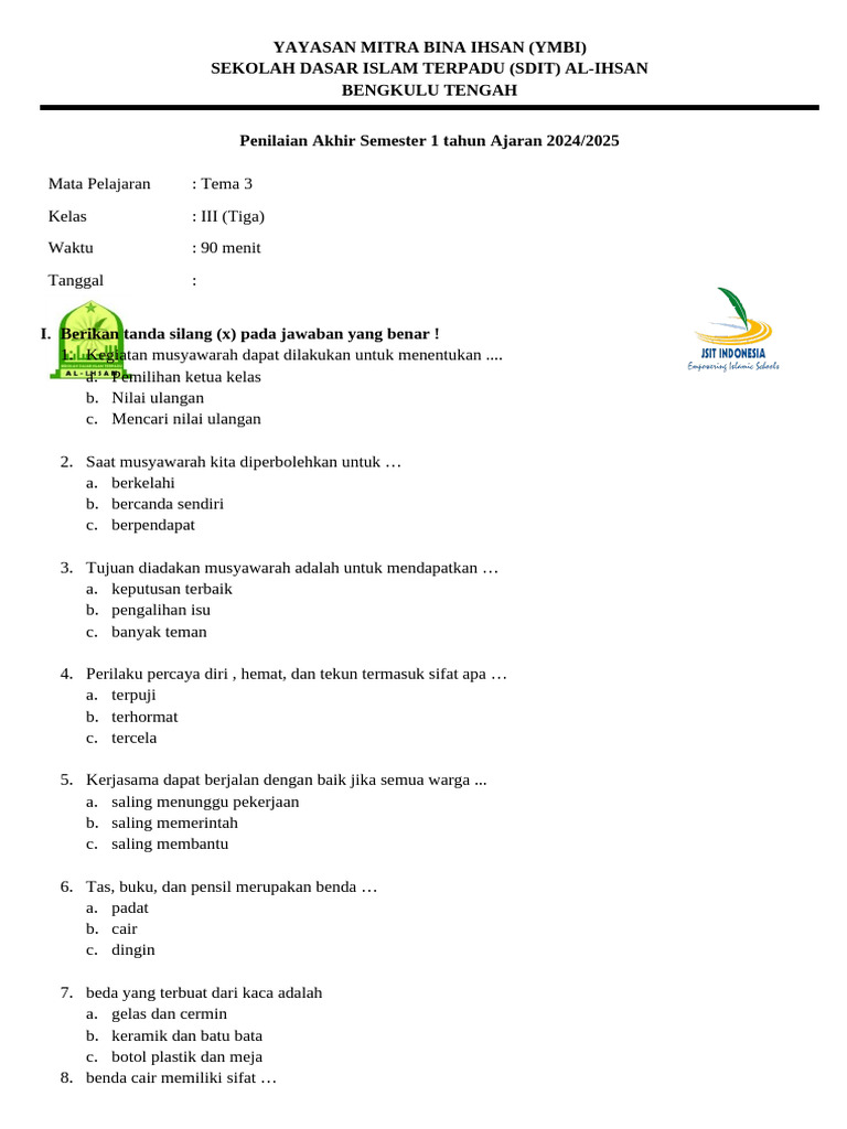 Soal Pas Kelas 3 Tema 3 PDF Soal Pas Kelas 3 Tema 3 PDF