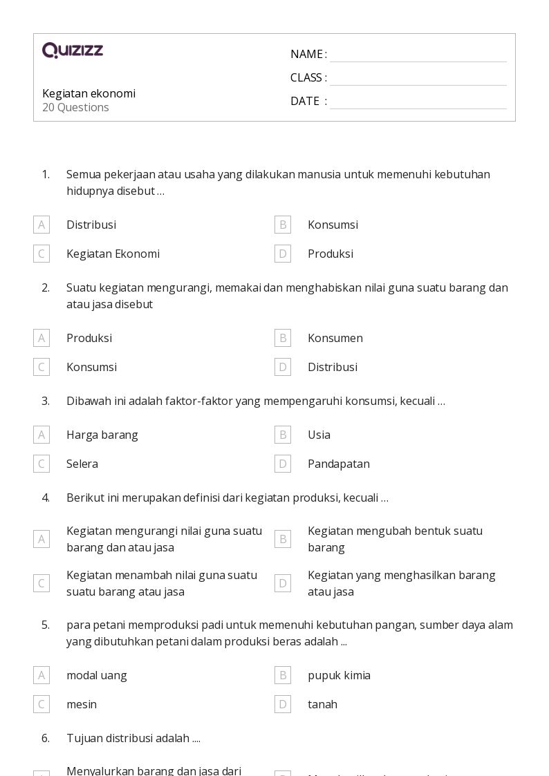 50 lembar kerja Ekonomi untuk Kelas 4 di Quizizz Gratis Dapat Dicetak