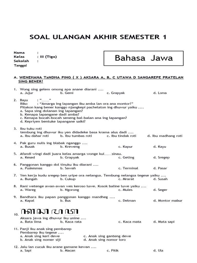 15 Contoh Soal Bahasa Jawa Kelas 3 SD dan Kunci Jawaban Terbaru untuk Latihan Ujian 2026