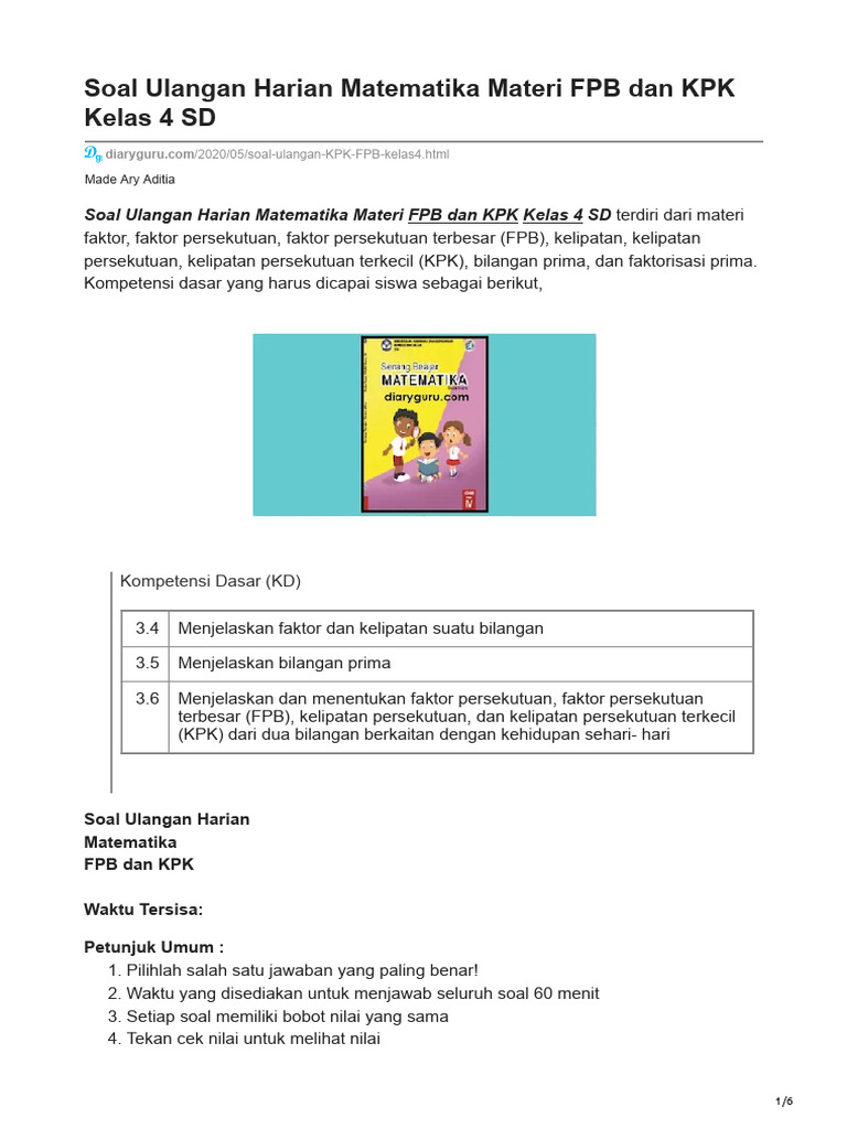 Soal Ulangan FPB dan KPK Kelas 4 SD PDF