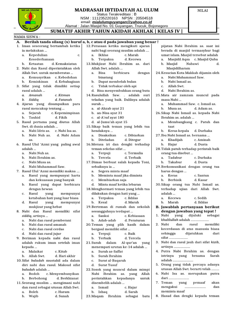 Dilengkapi Kunci Jawaban, Ini Latihan Soal Akidah Akhlak Kelas 4 Semester 2
