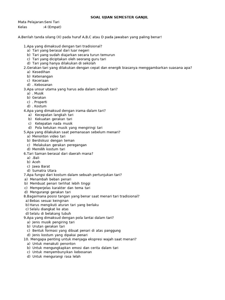 Soal Ujian Seni Tari Kelas 4 PDF