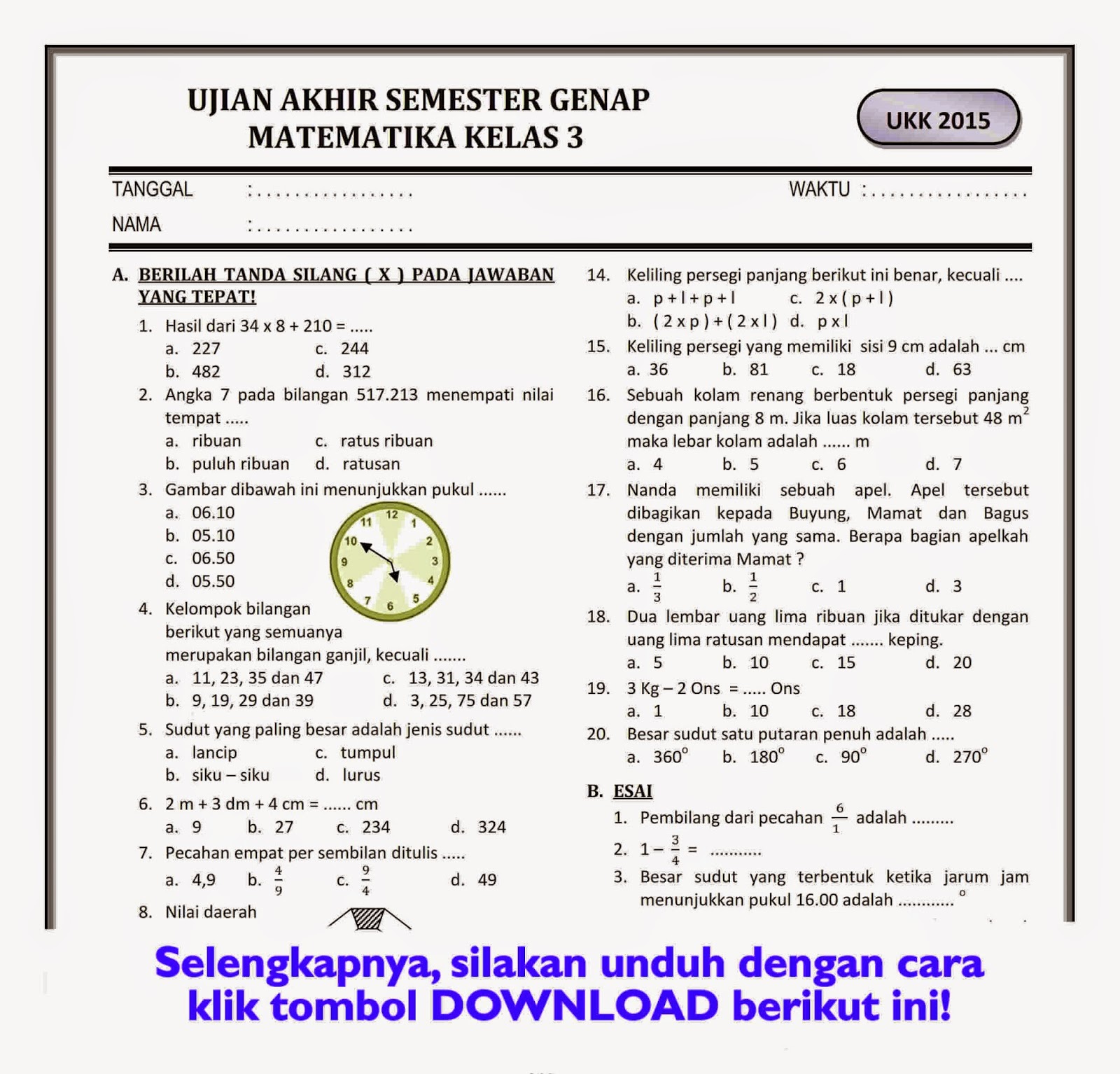 Download Soal UKK Matematika Kelas 3 Semester Genap Rief Awa Blog