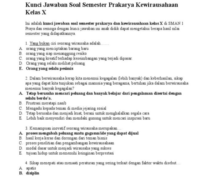 Akhirnya Ada Kumpulan Contoh Soal Beserta Jawaban Kewirausahaan Kelas 11 Semester 2 yang Sering Muncul di Ujian