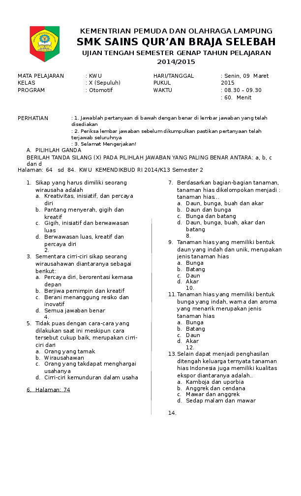 Terbukti! Contoh soal beserta jawaban semester 2 kelas 10 kewirausahaan Naik Nilai