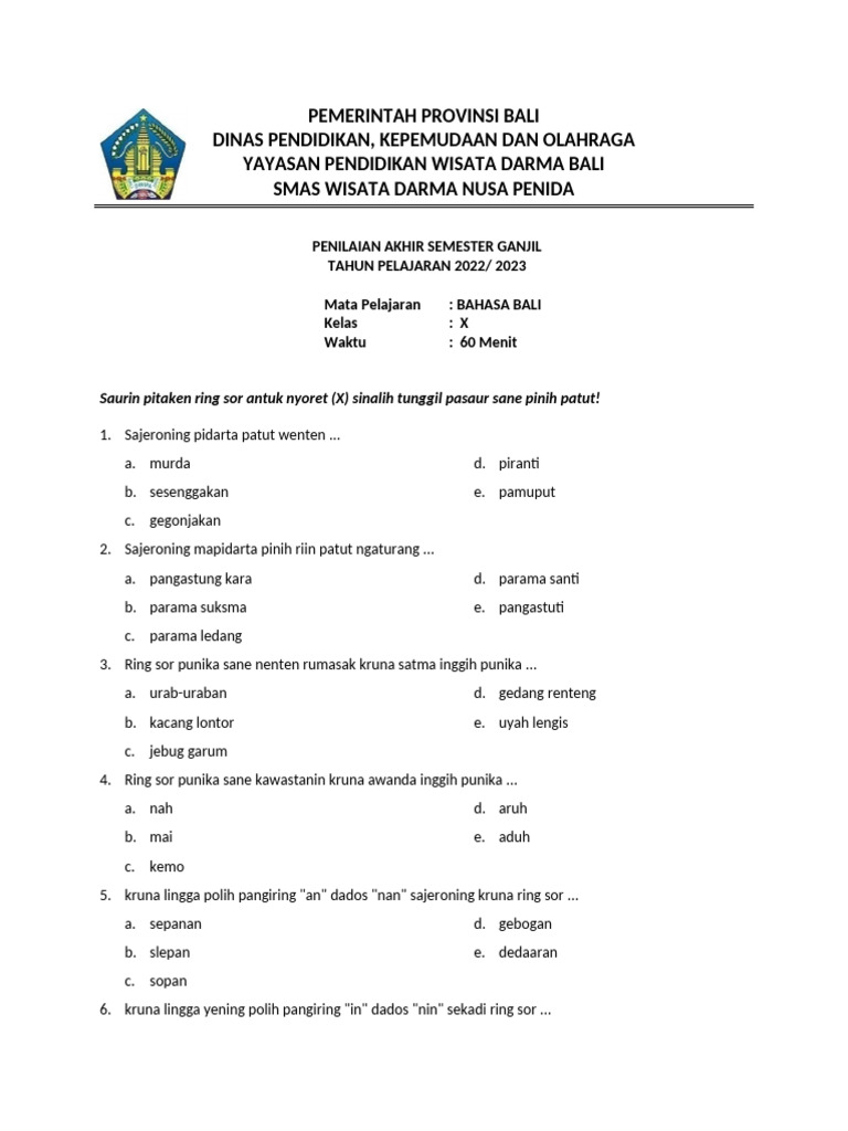 Ternyata Ini Dia Contoh Soal Bhs Bali Semester 2 Kelas 10 K13 yang Sering Muncul di Ujian