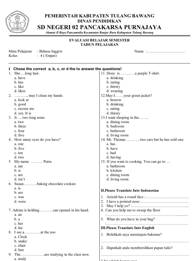 mlatihan soal bahasa inggris sd kelas 4