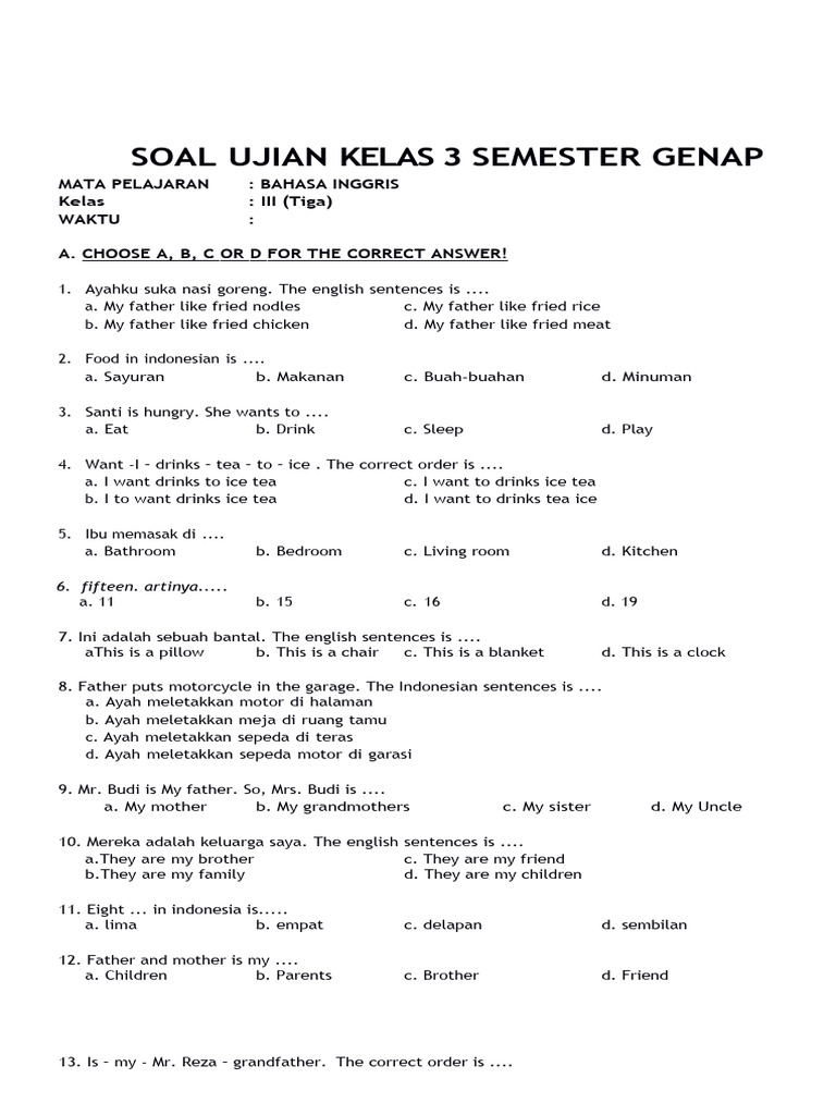 Latihan Soal Semester 2 Bahasa Inggris Kelas 3 SD Ini Terbukti Bikin Nilai Anak Melonjak